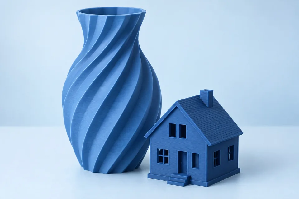 Dekorative 3D-Druckteile: Vase und Architekturmodell