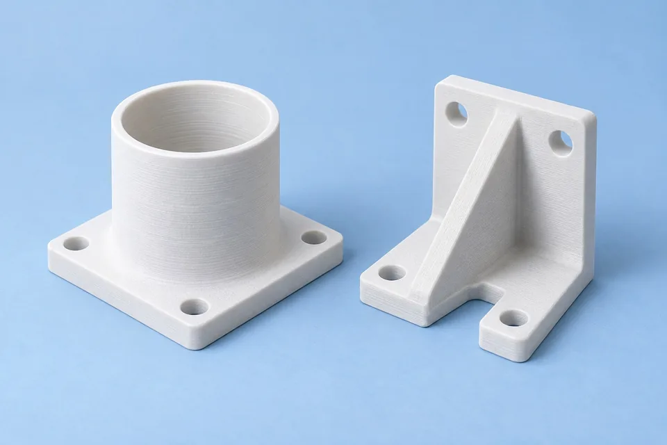 Weiße Bauteile aus PETG Glasfaser: Flanschadapter und verstärkte Halterung