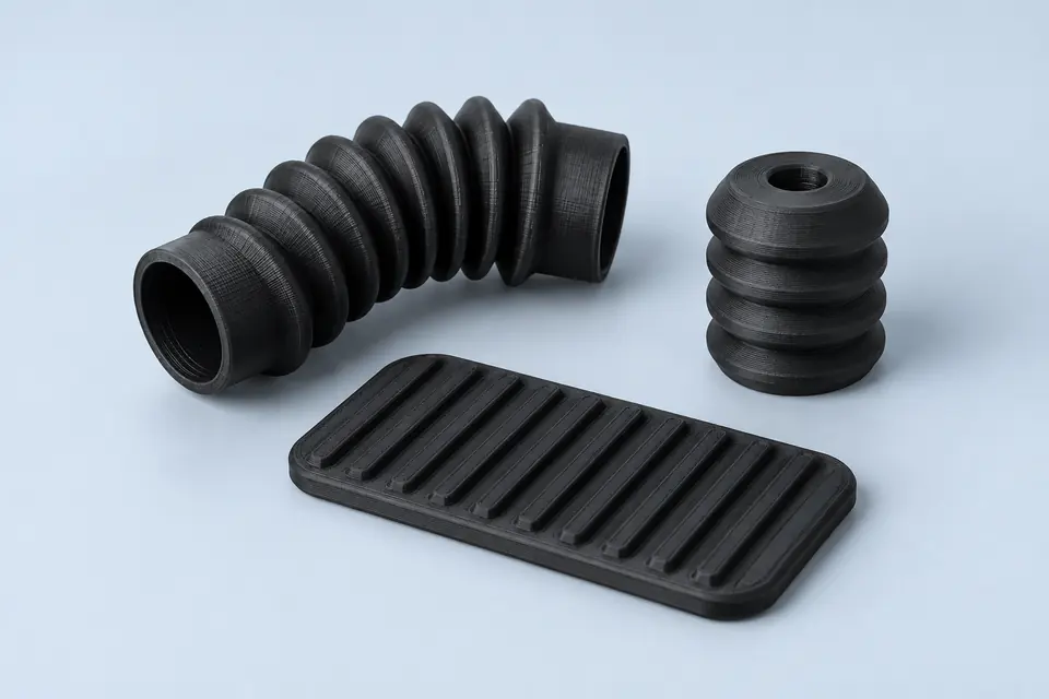 Beispielhafte schwarze TPU-85A-Bauteile: flexible Schutzmanschette, gerippter Schutzpuffer und Griffauflage