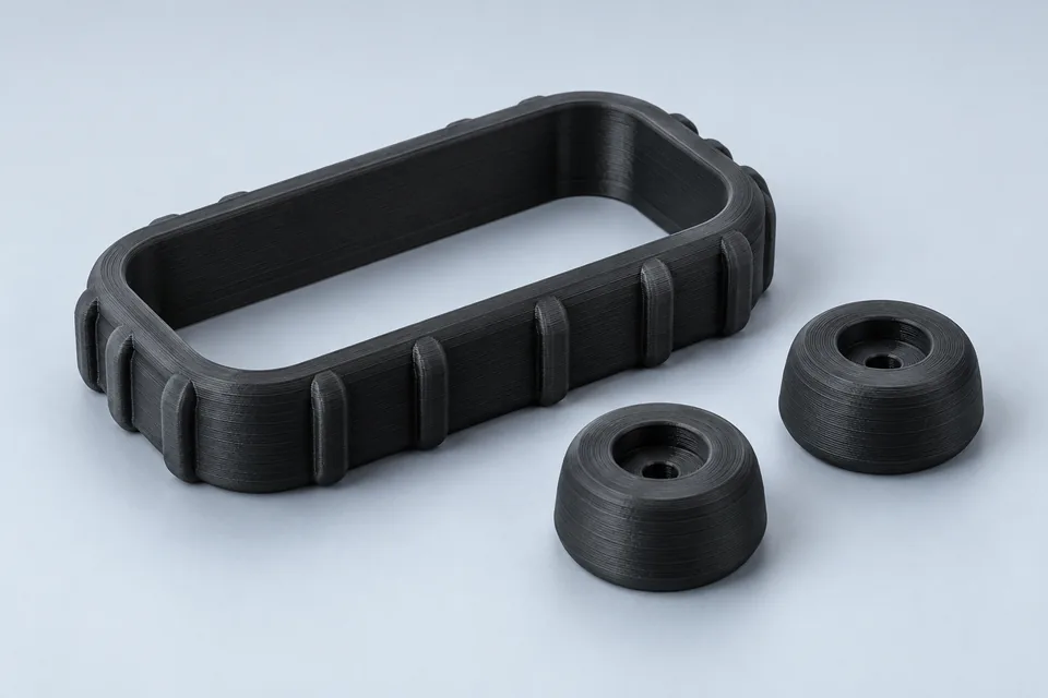 Beispielhafte schwarze TPU-95A-Bauteile: gerippter Schutzpuffer und zwei dämpfende Gerätefüße