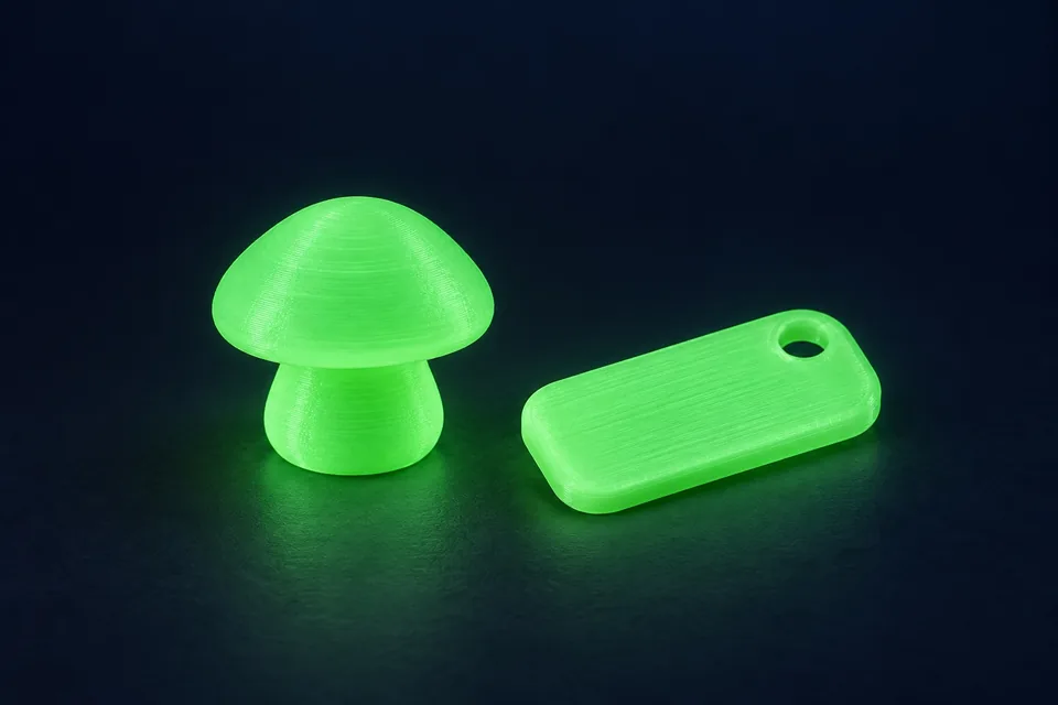 Grün nachleuchtende 3D-Druckteile aus PETG Ultraglow im Dunkeln